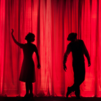 2 people in front of red curtain